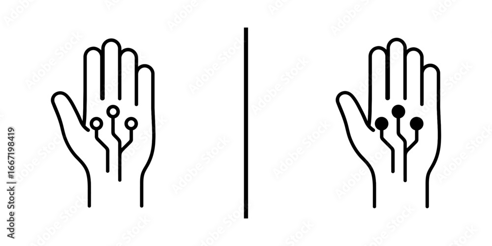 Fototapeta premium Digital Handprint Icon: A stark digital illustration presents two hands with circuit-like designs, signifying technology's integration with the human form, against a minimalist background.