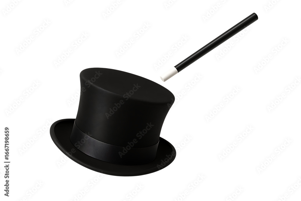 Fototapeta premium Black top hat and magic wand isolated on a transparent background illusion performance