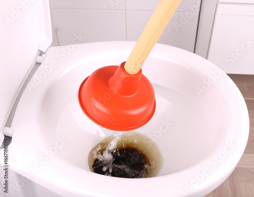 Toilet plunger in a clogged toilet