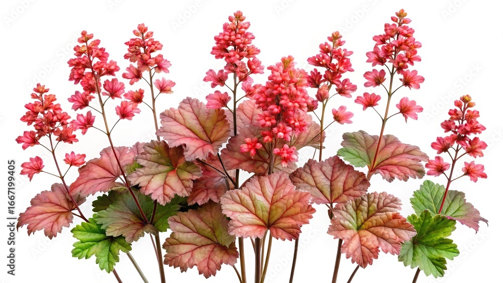 Fototapeta premium Beautiful coral bells flowering plant with colorful foliage on a white background