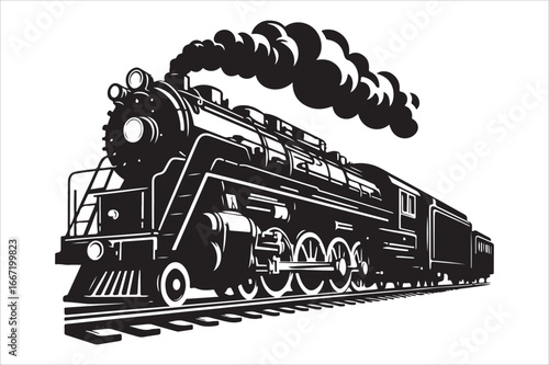 Dynamic black and white illustration of a classic steam locomotive, powerfully moving forward, evoking the timeless spirit of historical rail travel and industrial innovation