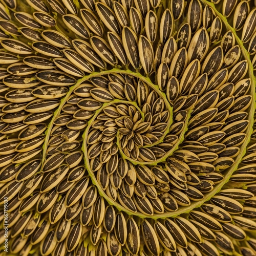 Macro view of a sunflower seed spiral pattern showcasing natures fibonacci sequence