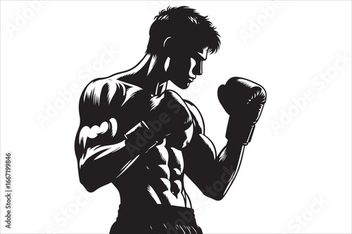 Powerful monochrome illustration of a determined male boxer in a fighting stance, showcasing strength, focus, and readiness for combat in the ring