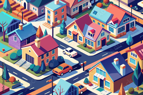 Isometric cartoon city seamless vector pattern with houses, buildings, and streets