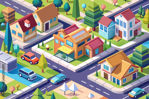 Isometric city street seamless pattern with colorful houses and buildings vector illustration