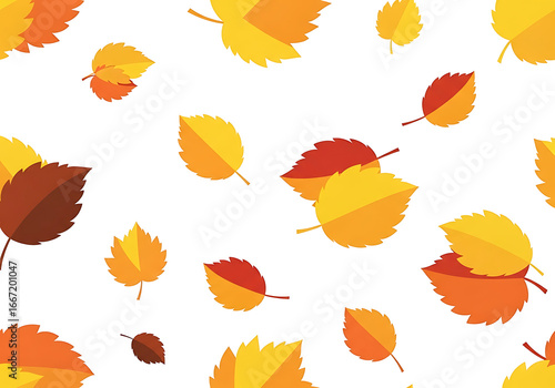 A vibrant pattern of autumn leaves in warm shades of orange and yellow, scattered against a dark background.