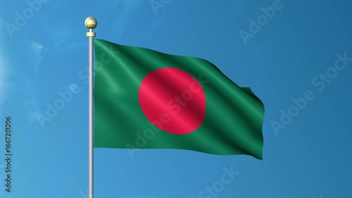 Realistic 3D Animation of Bangladesh Flag Waving in the Wind Against Blue Sky – National, Historical, and Cultural Symbol with Green Screen for Chroma Key – 4K UHD Quality