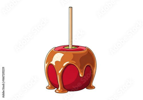 A caramel-coated , a sweet treat, sits against a black backdrop, showcasing dripping caramel and a wooden stick.