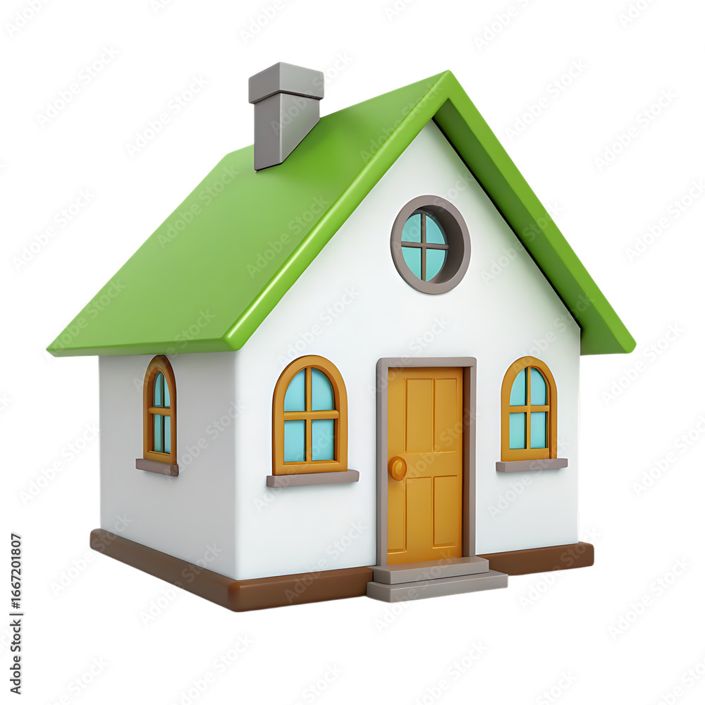 Charming cartoon house with green roof and yellow door isolated on transparent background Charming cartoon house with green roof and yellow door isolated on transparent background