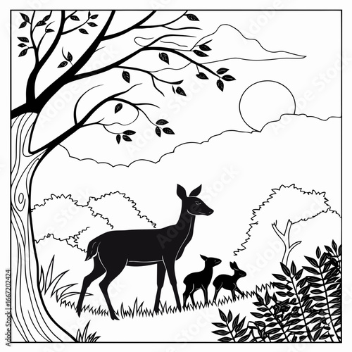 Silhouette of Deer Family coloring page black and white