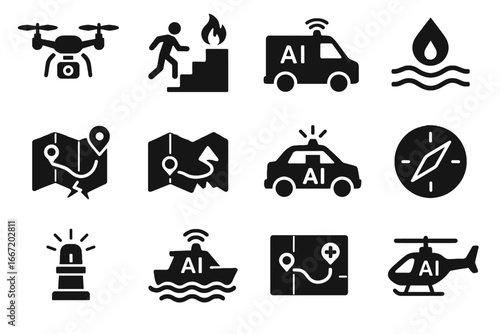 Ai route navigation drone vector emer safety helicopter disaster icon fire