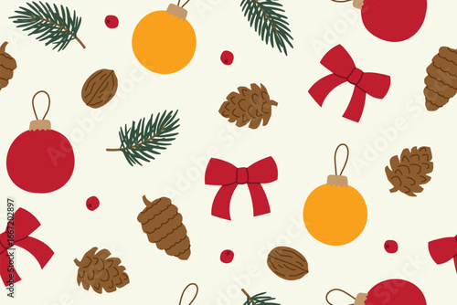 christmas seamless pattern with fir tree, red bow, baubles, pine cones, berries, hazelnuts; festive holiday background for wrapping paper, textiles, and seasonal design- vector illustration