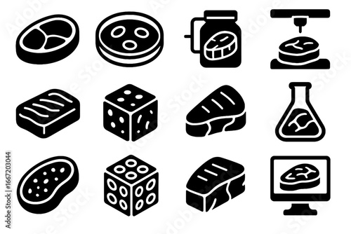 Icon synthetic steak cultured protein vector meat slab petri sample slice icons