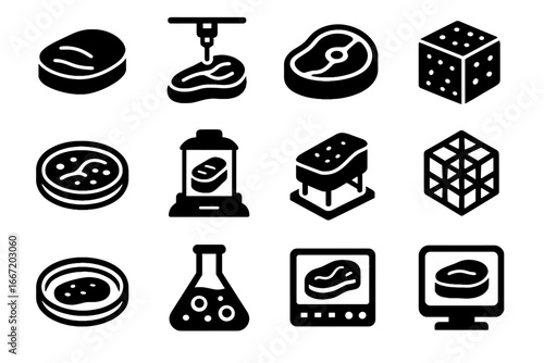 Digital vector petri protein synthetic icon culture steak meat portion lab icons