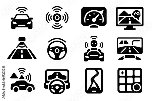 Assist steering icons overlay route driving smart speedometer autonomous vector car icon