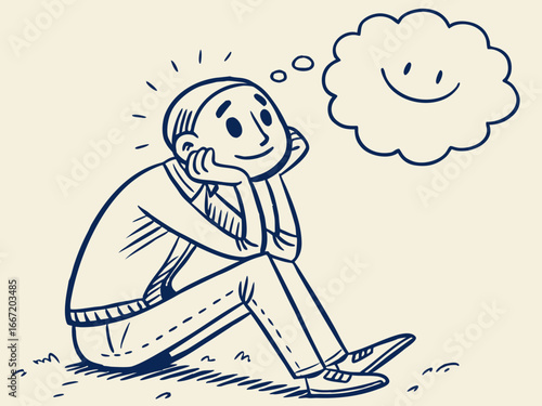 Vector illustration of a thoughtful man dreaming with a smiley face