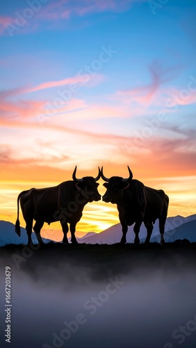 Wallpaper Mural Two bulls facing each other at sunset Torontodigital.ca
