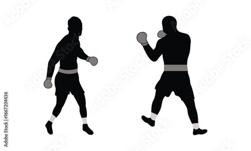 Vector illustration of two athletes boxing in gloves, standing face to face in fighting position. Black silhouette design isolated on white background.