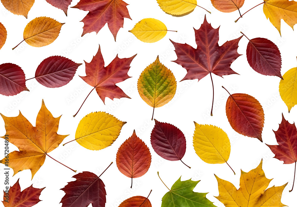 Obraz premium A vibrant display of autumn leaves, various shades of red, yellow, and gold, arranged on a striking black backdrop.