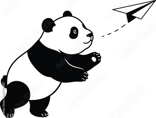 Exciting Action of a Playful Panda Launching a Paper Airplane in a Minimalist Black and White Vector Illustration for Fun and Creativity