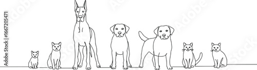 Cats and dogs silhouettes, pet lineup, domestic animals, sitting and standing poses, black vector illustration, feline and canine companions, pet art