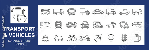 Transportation, vehicle icon set. Vector glyph pictograms of travel, logistics, public transit concepts, car, train, bus, bicycle, boat, and airplane, Editable stroke. Vector illustration