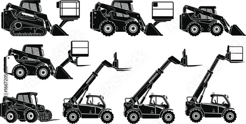 Construction equipment silhouettes, skid steer loader, compact track loader, telehandler forklift, bucket and pallet fork attachments, heavy machinery, material handling vector illustration