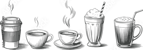 Coffee drink illustrations, hot and cold beverages, to‑go cup, latte, cappuccino, iced coffee, milkshake, cafe menu art, vector drawing