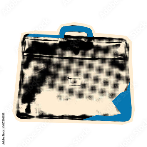 School satchel or business briefcase paper clipping, sticker with vintage dot texture and doodles. Trendy halftone collage element. Modern retro vector illustration on transparent background