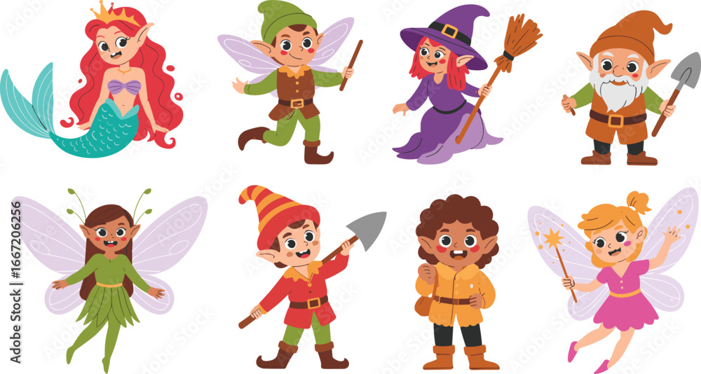 Naklejka premium Fantasy characters illustration, fairy tale creatures, magical beings, whimsical costumes, children’s storybook art, enchanted forest, playful fairies, cute elves, charming mermaid, mythical adventure