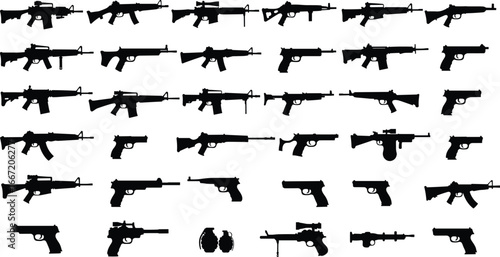 Firearm silhouette set, rifles, pistols, shotguns, submachine guns, grenade, rocket launcher, weapon collection, military arsenal, tactical gear, black vector illustration