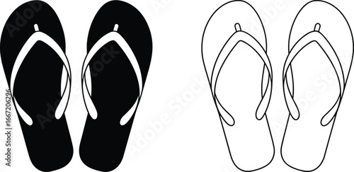 Flip‑flop silhouette and outline, summer footwear, beach sandals, casual shoes, vacation icon, footwear vector, black and white illustration, sandal design