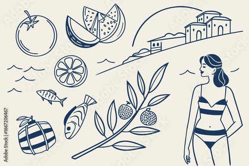 Fototapeta Naklejka Na Ścianę i Meble -  Italian or greek style vacation hand drawn vector illustrations in grunge chalk or charcoal rough doodle sketch style elements. Summer vacation in ink simple style. Drawings for poster, placard print.