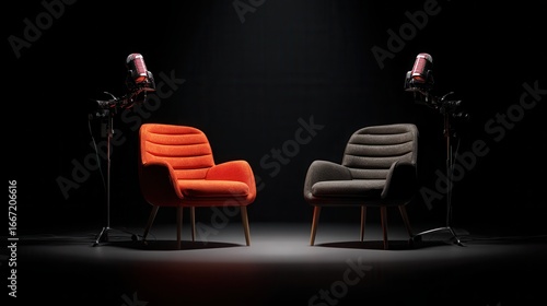 Elegant photo of two chairs and microphones in podcast or interview room isolated on dark background as a wide banner for media conversations or podcast streamers concepts with.
