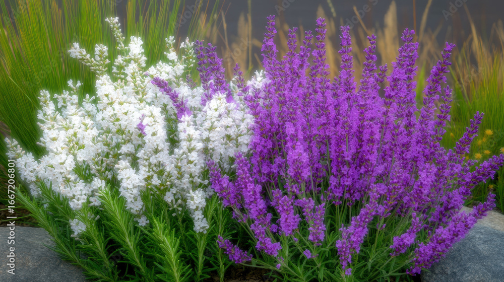 Obraz premium Close up of blooming lavender and white flowers in vibrant herb garden, surrounded by lush greenery and rocks, creating serene and colorful natural setting