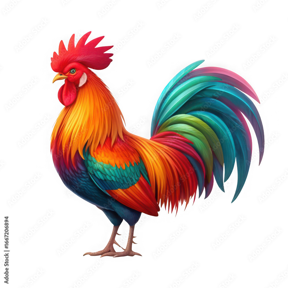 Fototapeta premium Vibrant Rainbow Rooster with Colorful Feathers Standing Proudly
