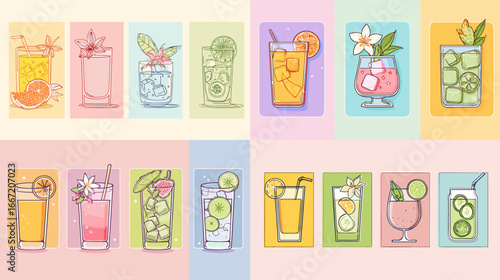 Hand-drawn cocktail drinks illustration set with colorful glasses, fruit garnishes, and ice cubes, perfect for summer parties, bar menus, and beverage branding.