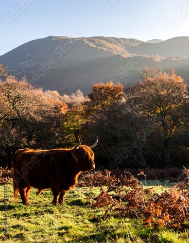 Highland cow in autumn landscape