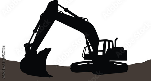 Silhouette of a construction excavator working on a site during sunrise or sunset over a dirt landscape silhouette