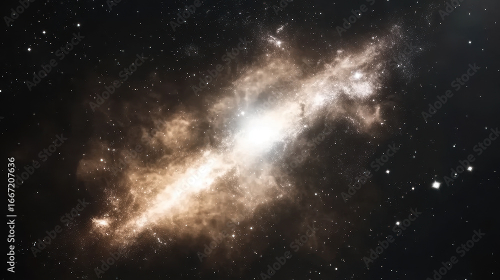 Fototapeta premium Luminous galactic nebula with glowing golden and white hues stretches across star filled cosmic background, showcasing intricate celestial details and infinite sense of wonder