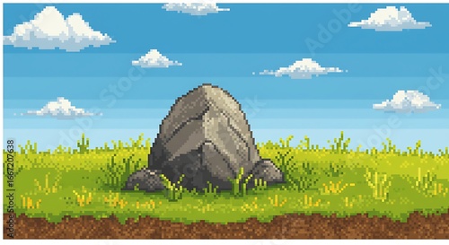 Pixel art of a rock with grass around it in a bright countryside setting