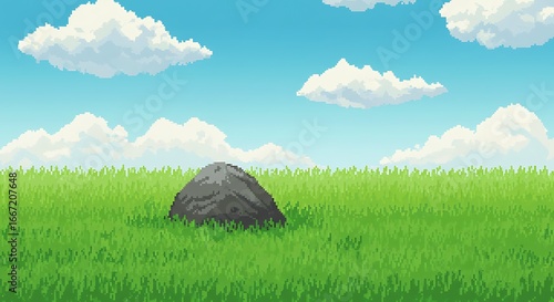 Pixel art of a rock with grass around it in a bright countryside setting