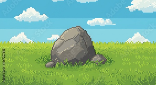 Pixel art of a rock with grass around it in a bright countryside setting