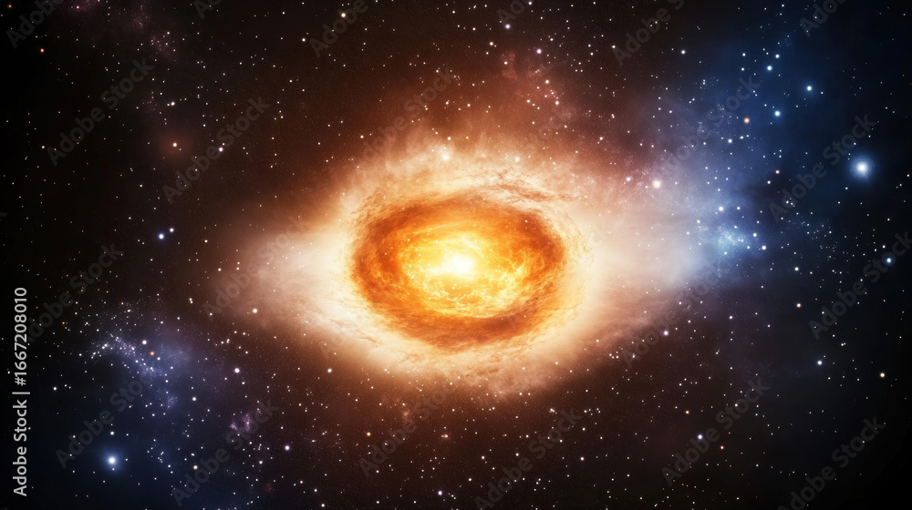 Fototapeta premium Vibrant cosmic scene featuring intense orange and yellow glowing nebula surrounded by blue and pink star filled space, evoking sense of wonder and mystery
