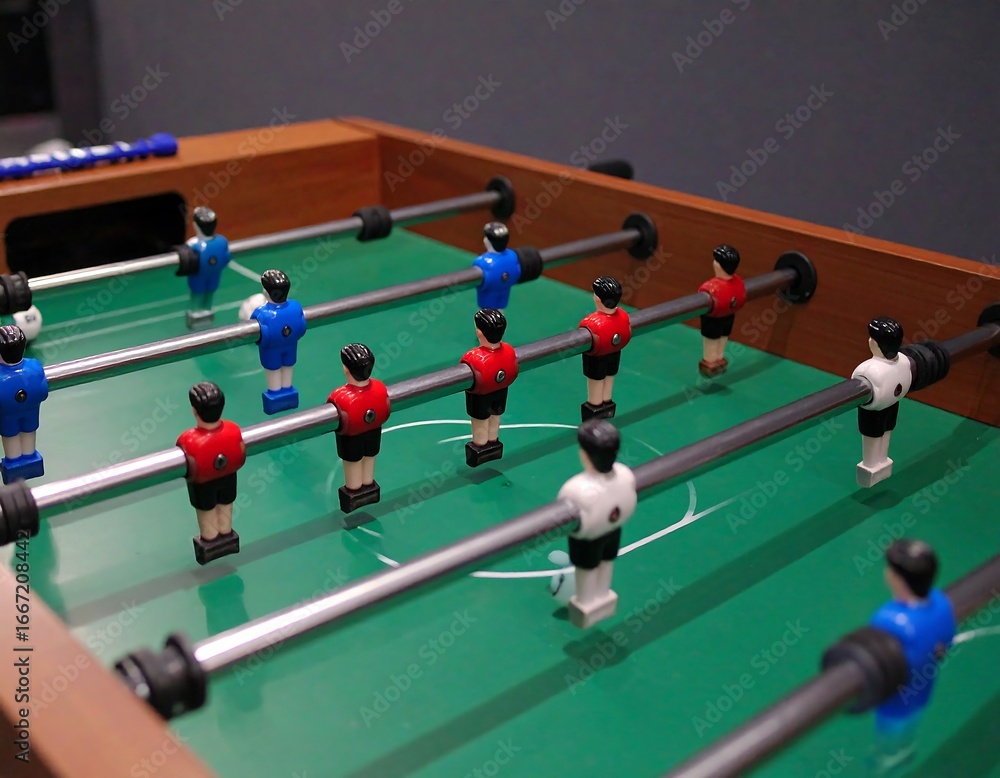 Fototapeta premium Close-up of a foosball table with red and blue players ready for a game