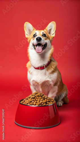 Happy corgi dog with food bowl image