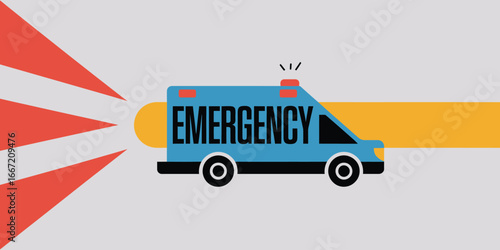 A cartoon ambulance with the word emergency on its side with red and yellow graphic elements around it