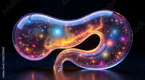 Cosmic glass pancreas glowing with nebula like stars and colorful cosmic dust, radiating vibrant light in dark space environment