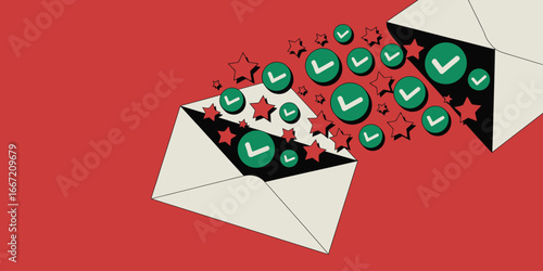 Envelopes on red background with green checkmarks and red stars floating out from the envelopes design