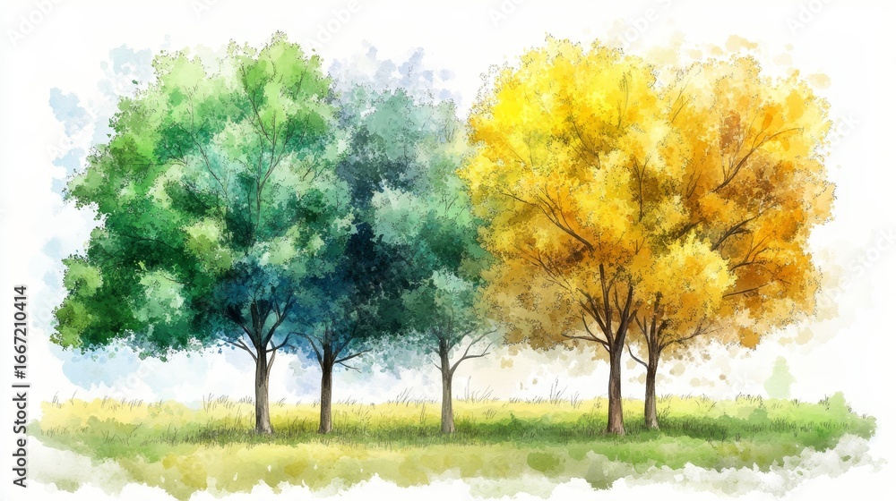 Obraz premium The beauty of nature is captured in a vibrant watercolor painting depicting a peaceful forest scene with green and autumn trees set against a sunny sky